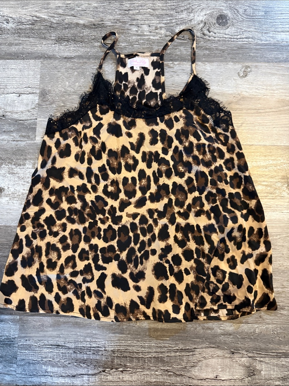 Pink Lily Leopard Print Lace-Trim Cami - Black & Tan